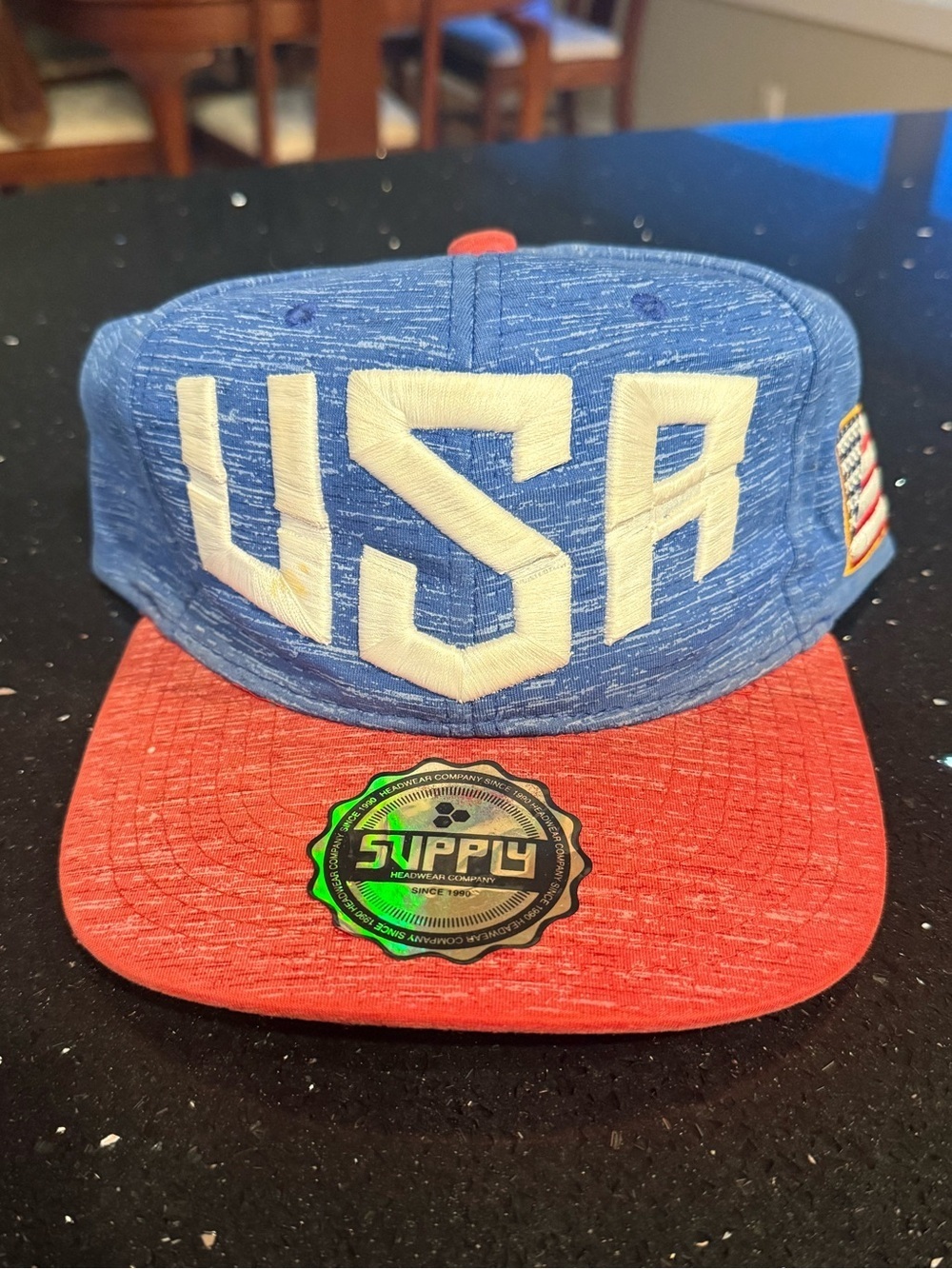 USA Embroidered Snapback Hat - Blue Crown, Red Brim